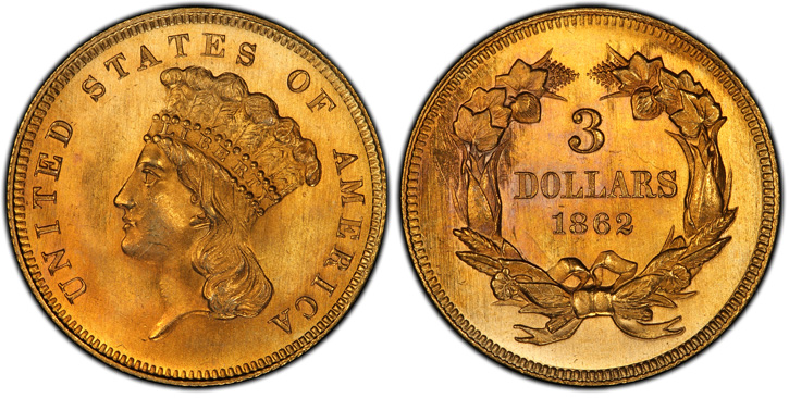 1862 Three-Dollar Gold Piece. MS-66 (PCGS).